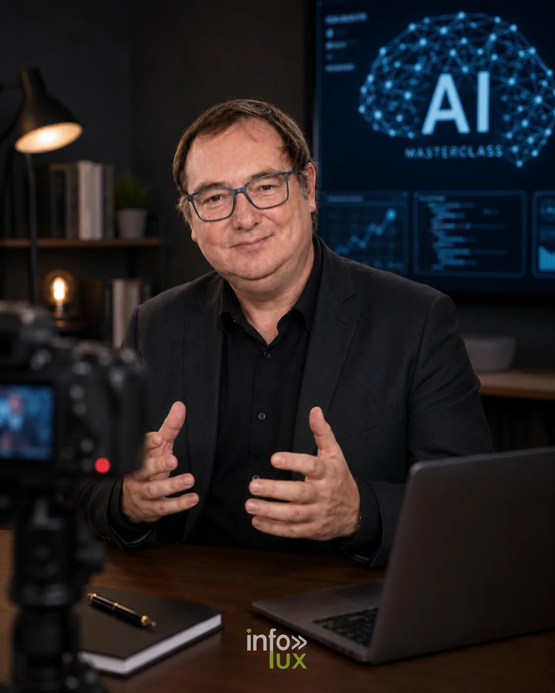 Illustration générée par IA : Vincent Gallez, expert en visibilité dans les intelligences artificielles, sur un plateau vidéo, s'exprimant face caméra