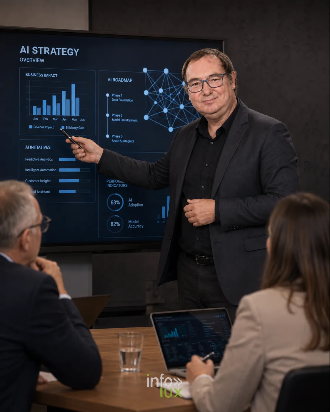 Illustration générée par IA : Vincent Gallez, expert en visibilité dans les intelligences artificielles, présentant un tableau de bord d'adoption de l'IA