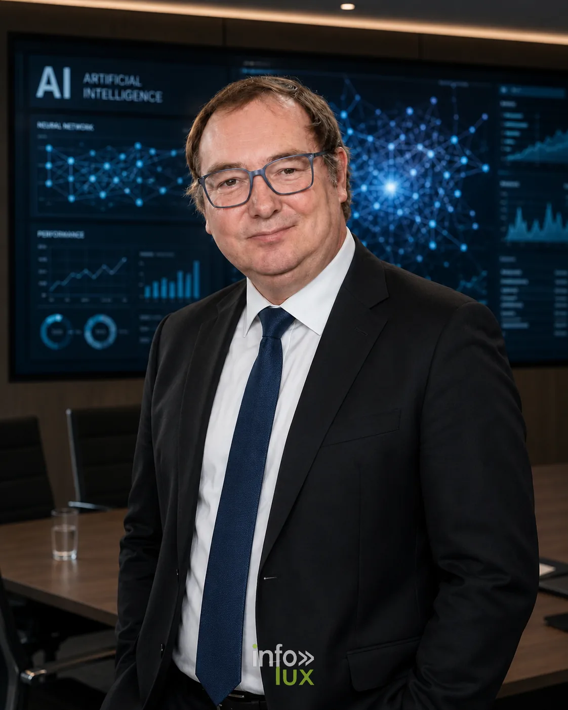 Illustration générée par IA : Vincent Gallez, expert en visibilité dans les intelligences artificielles, en réunion de travail devant un écran d'analyse