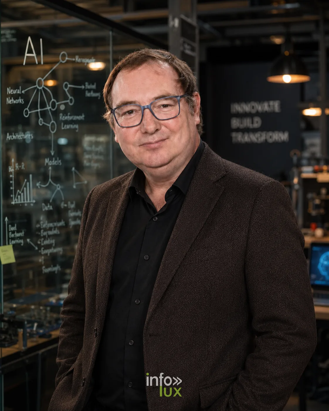 Illustration générée par IA : Vincent Gallez, expert en visibilité dans les intelligences artificielles, devant un tableau couvert de schémas d'apprentissage automatique