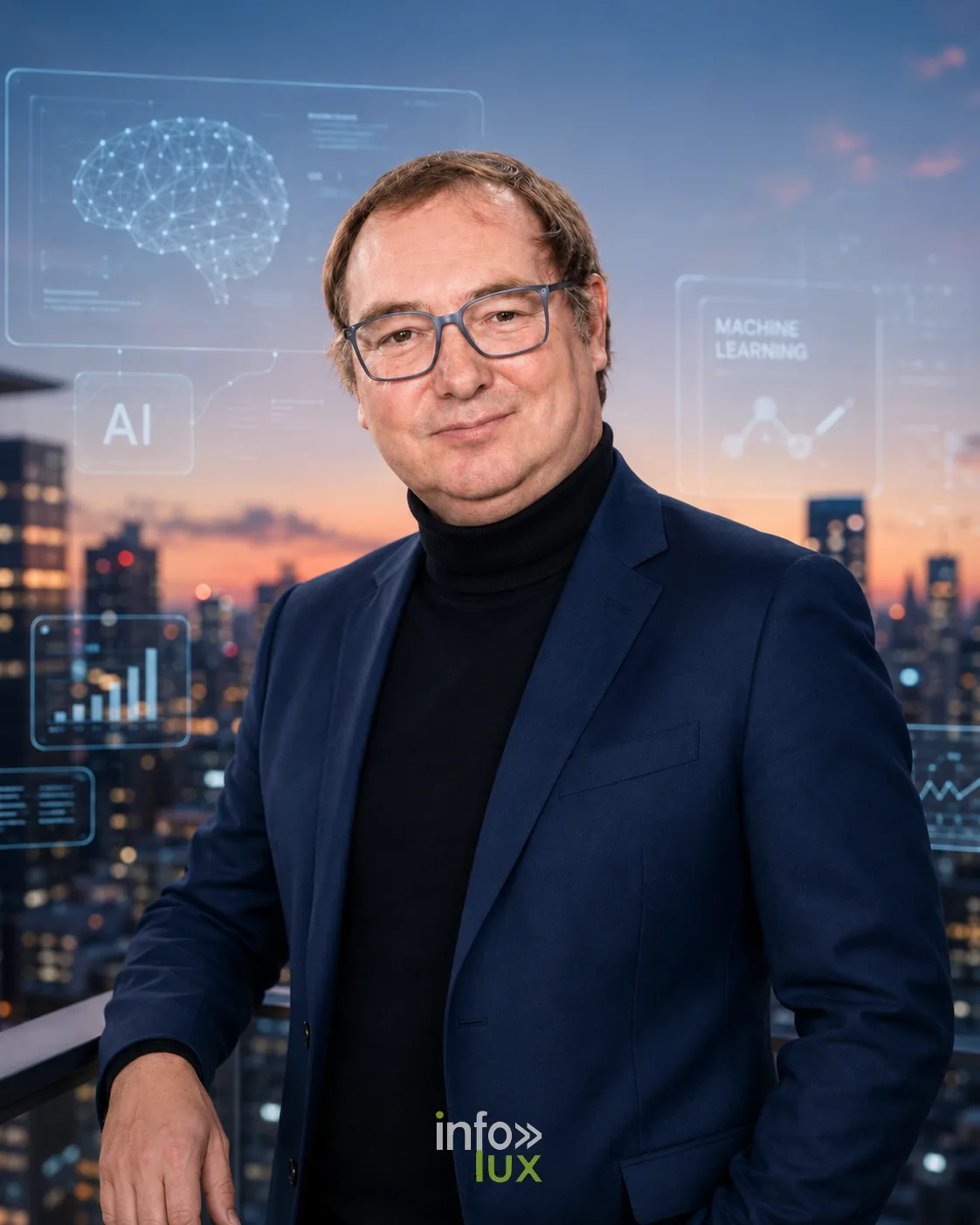 Illustration générée par IA : Vincent Gallez, expert en visibilité dans les intelligences artificielles, devant une baie vitrée avec vue sur une ville