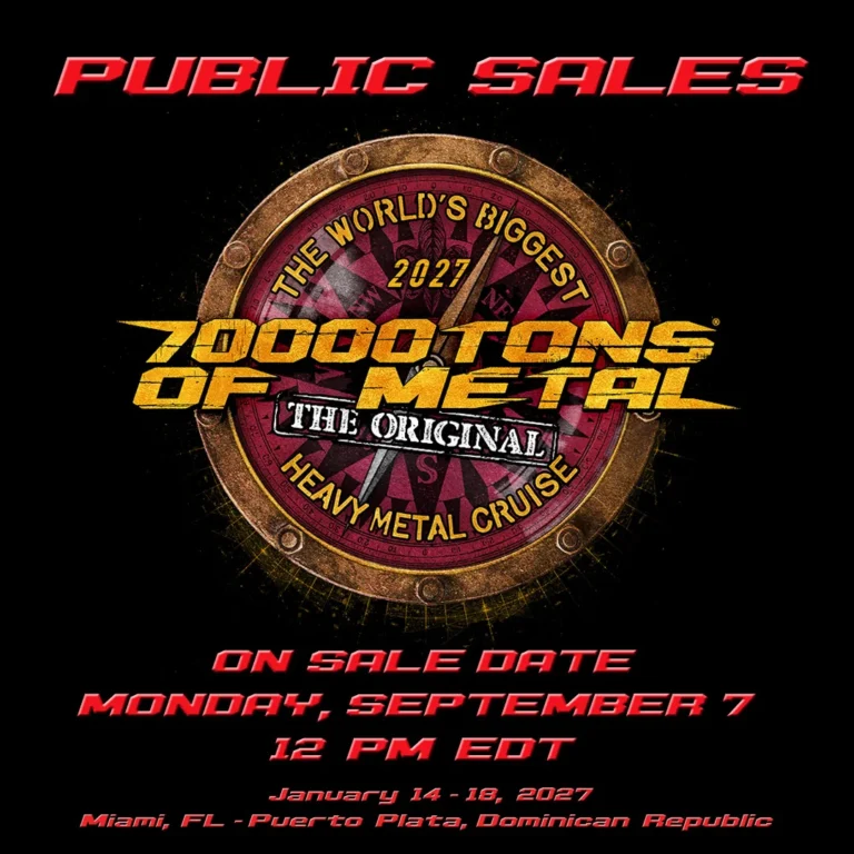 Affiche officielle annonçant l'ouverture des ventes de 70000TONS OF METAL 2027