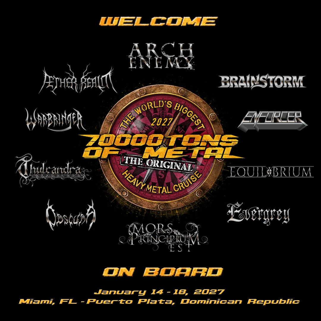 Affiche officielle annonçant les premiers groupes de 70000TONS OF METAL 2027
