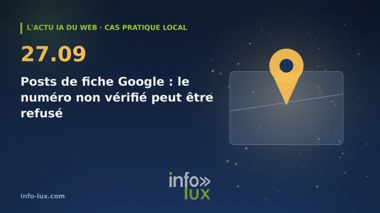 Bannière de l'actu IA du web du 27/09 : Fiche Google : un numéro de téléphone non vérifié peut faire refuser vos posts — le cas pratique pour un commerce de la