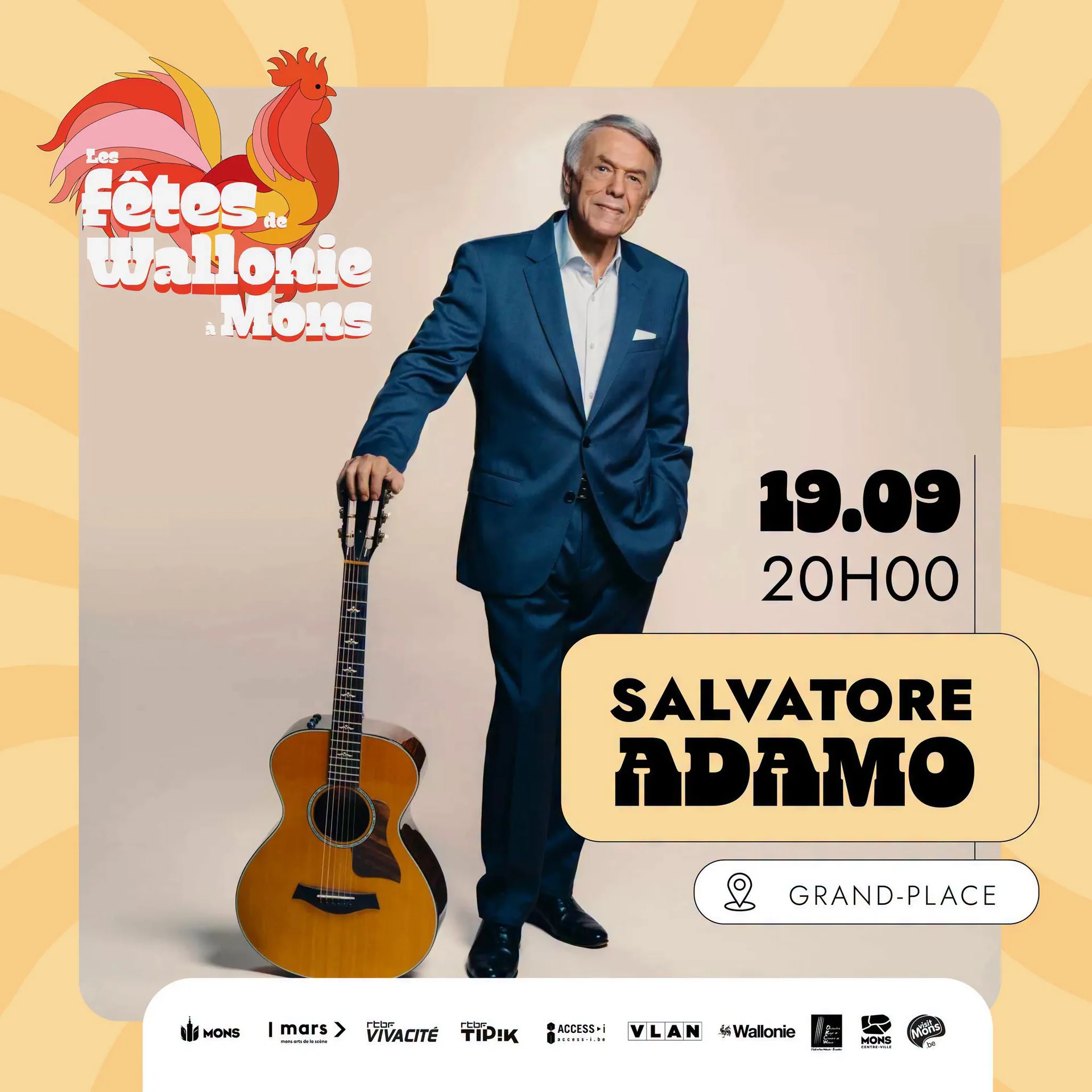 Affiche du concert de Salvatore Adamo aux Fêtes de Wallonie 2026 à Mons, Grand-Place, 19 septembre à 20 h
