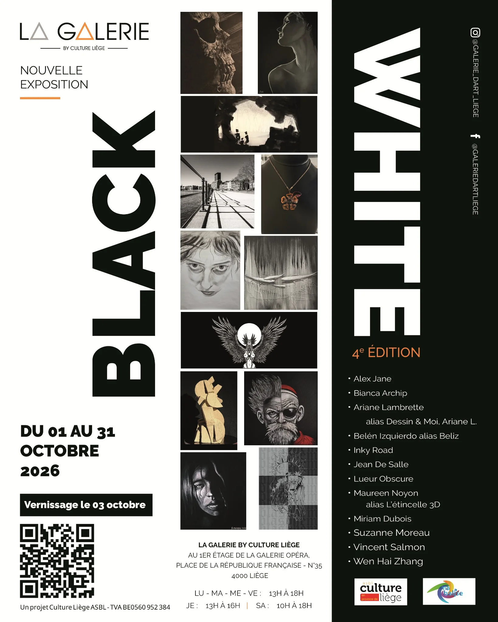 Affiche de l’exposition Black & White, 4e édition, à La Galerie by Culture Liège du 1er au 31 octobre 2026