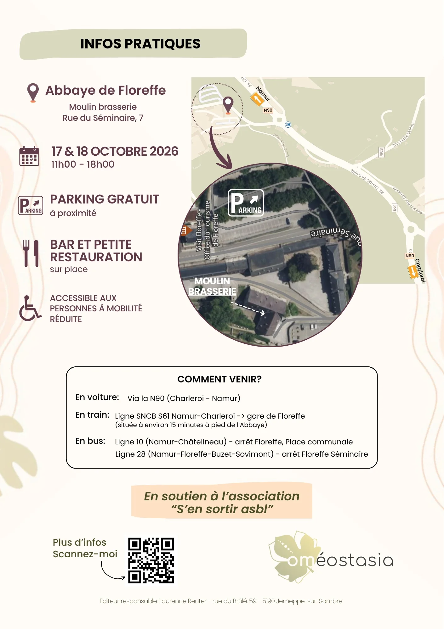 Flyer des infos pratiques de L’Agora du mieux-être : Abbaye de Floreffe, parking gratuit, bar et petite restauration, accès PMR, comment venir en voiture, train et bus