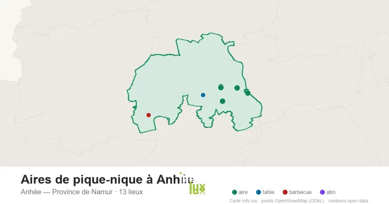 Carte des 13 aires de pique-nique de Anhée