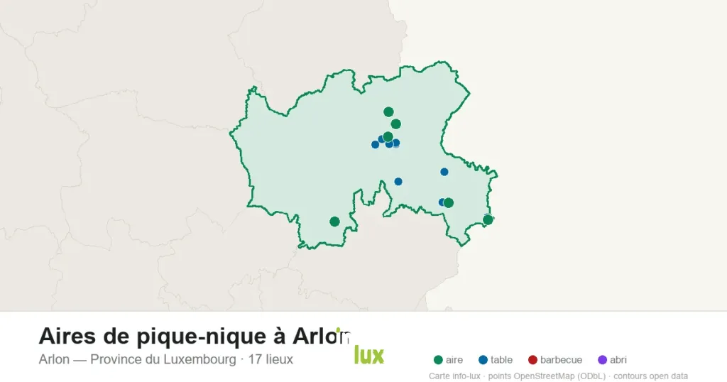 Carte des 17 aires de pique-nique de Arlon