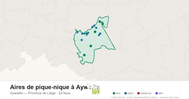 Carte des 22 aires de pique-nique de Aywaille