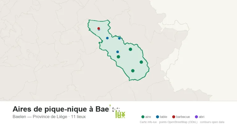Carte des 11 aires de pique-nique de Baelen