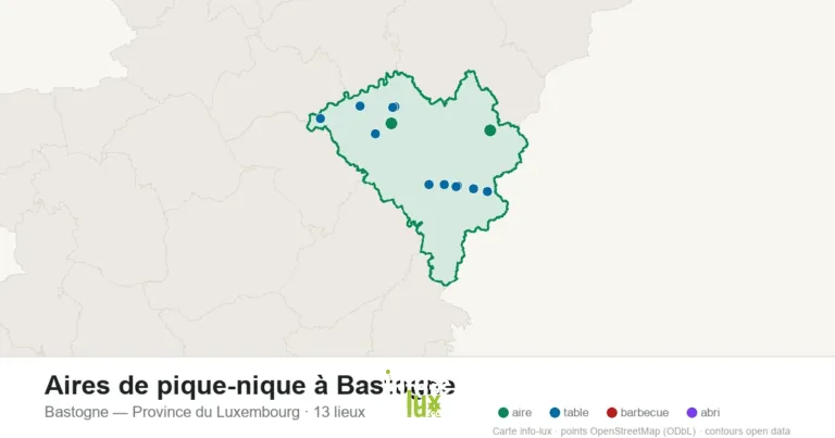Carte des 13 aires de pique-nique de Bastogne