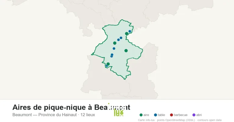 Carte des 12 aires de pique-nique de Beaumont