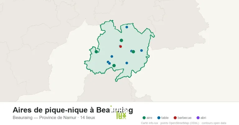 Carte des 14 aires de pique-nique de Beauraing
