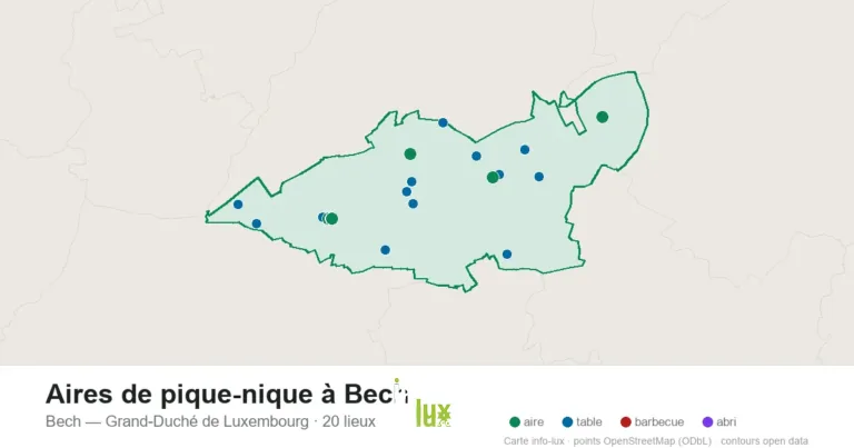 Carte des 20 aires de pique-nique de Bech