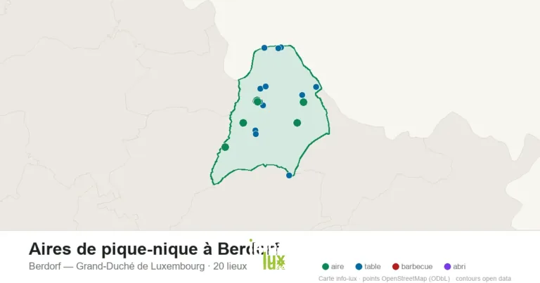 Carte des 20 aires de pique-nique de Berdorf