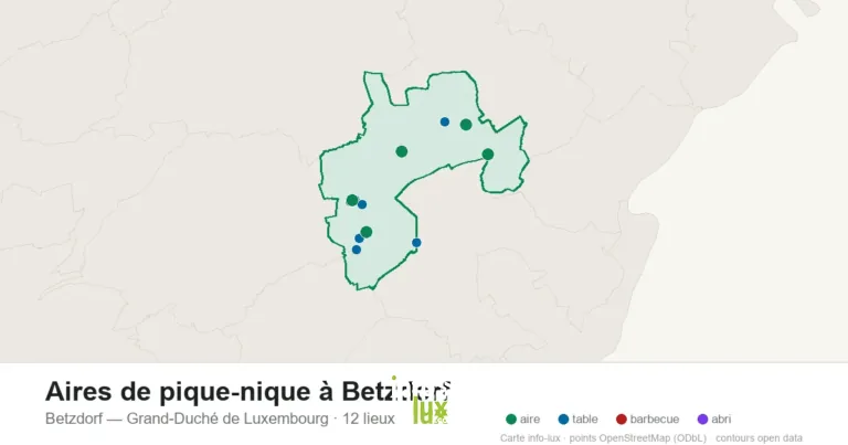 Carte des 12 aires de pique-nique de Betzdorf