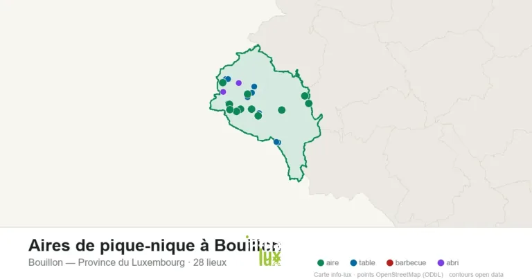 Carte des 28 aires de pique-nique de Bouillon