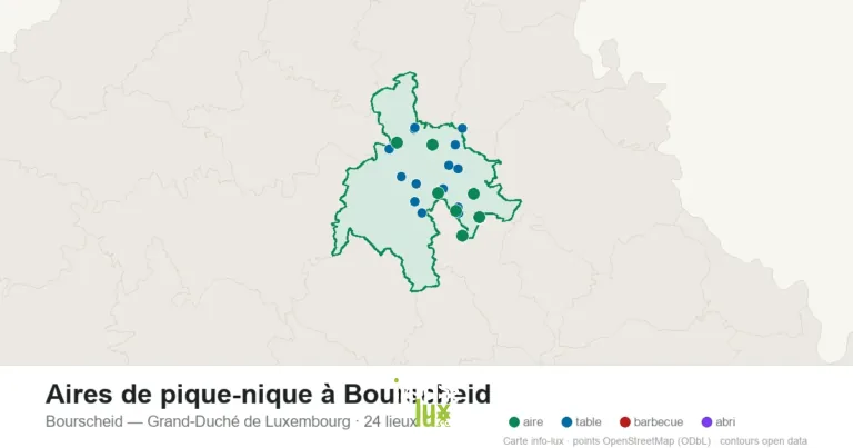 Carte des 24 aires de pique-nique de Bourscheid