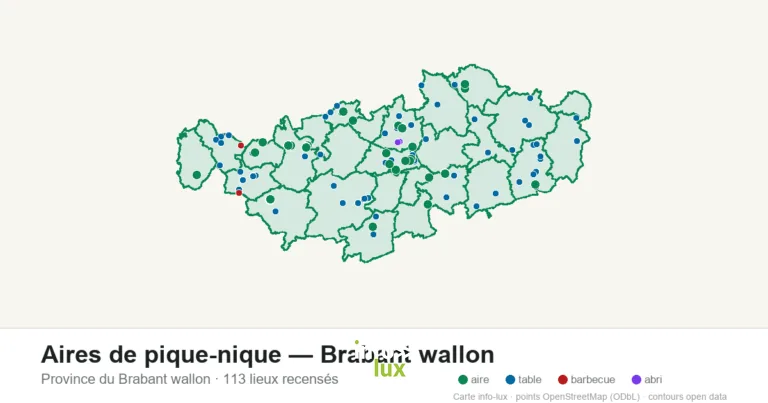 Carte des 113 aires de pique-nique — Brabant wallon