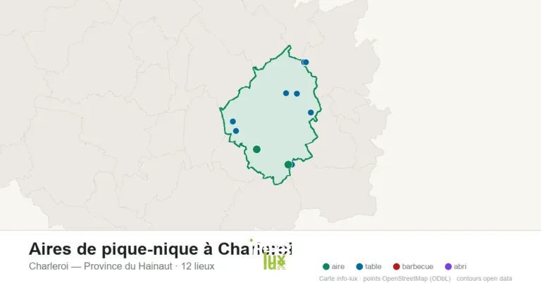 Carte des 12 aires de pique-nique de Charleroi