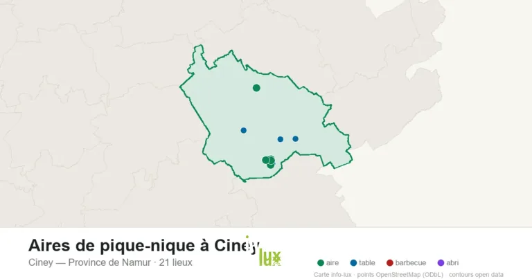 Carte des 21 aires de pique-nique de Ciney