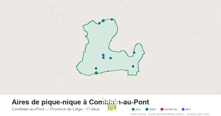 Carte des 11 aires de pique-nique de Comblain-au-Pont