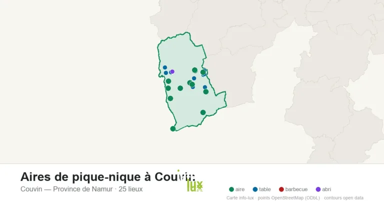 Carte des 25 aires de pique-nique de Couvin