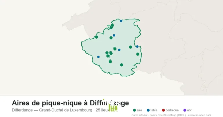 Carte des 25 aires de pique-nique de Differdange