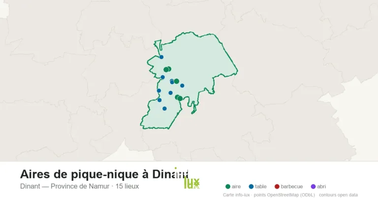 Carte des 15 aires de pique-nique de Dinant