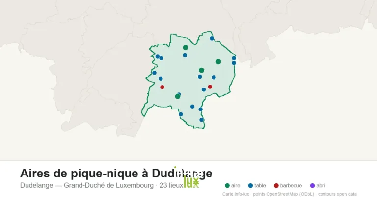 Carte des 23 aires de pique-nique de Dudelange