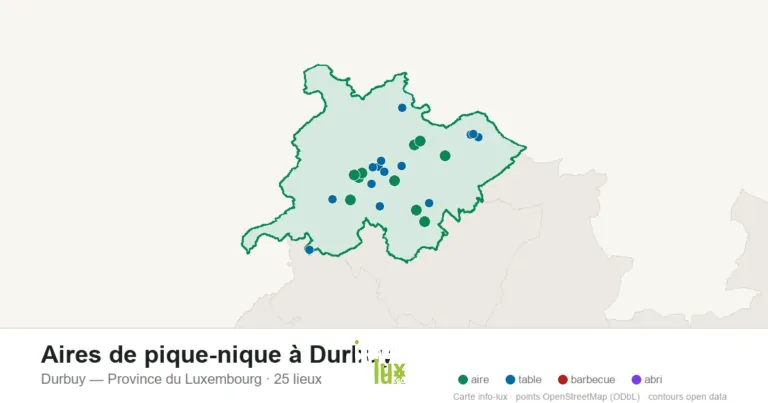 Carte des 25 aires de pique-nique de Durbuy