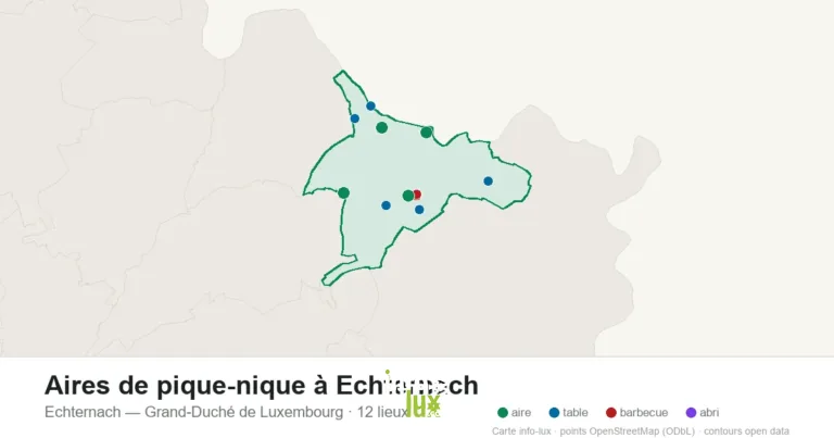 Carte des 12 aires de pique-nique de Echternach