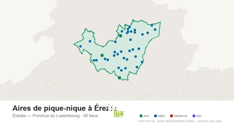 Carte des 40 aires de pique-nique de Érezée