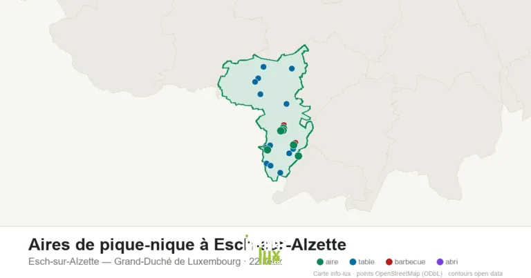 Carte des 22 aires de pique-nique de Esch-sur-Alzette