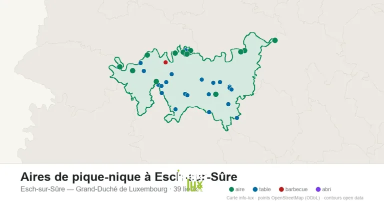 Carte des 39 aires de pique-nique de Esch-sur-Sûre