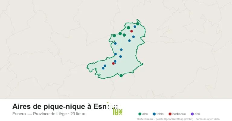 Carte des 23 aires de pique-nique de Esneux