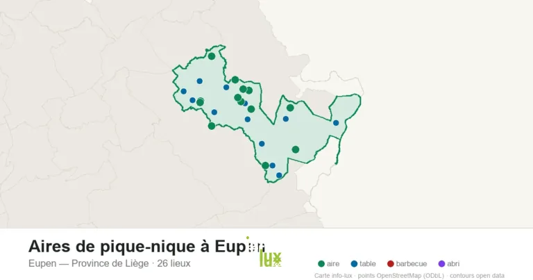 Aires de pique-nique à Eupen : les 26 tables, aires et barbecues sur la carte (2026)