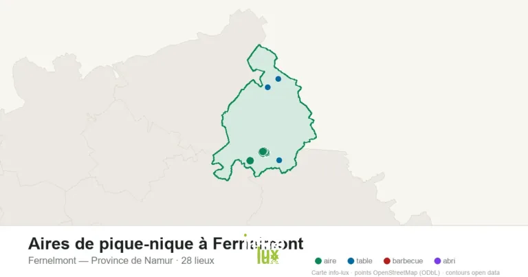 Carte des 28 aires de pique-nique de Fernelmont