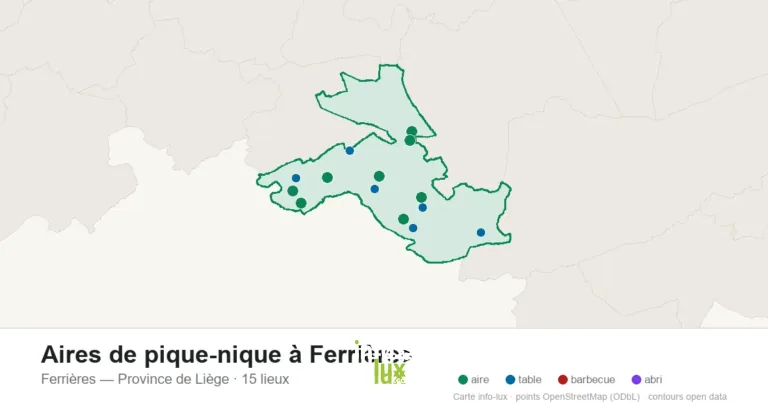 Carte des 15 aires de pique-nique de Ferrières