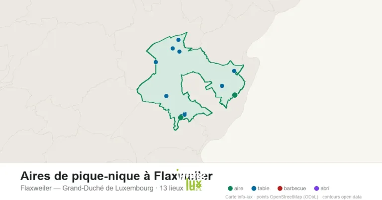 Carte des 13 aires de pique-nique de Flaxweiler