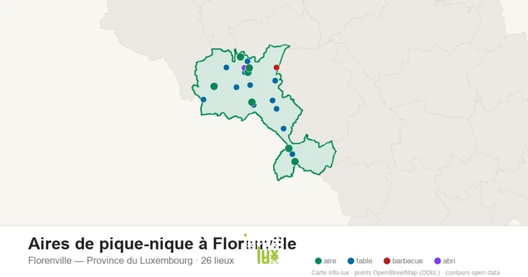 Aires de pique-nique à Florenville : les 26 tables, aires et barbecues sur la carte (2026)