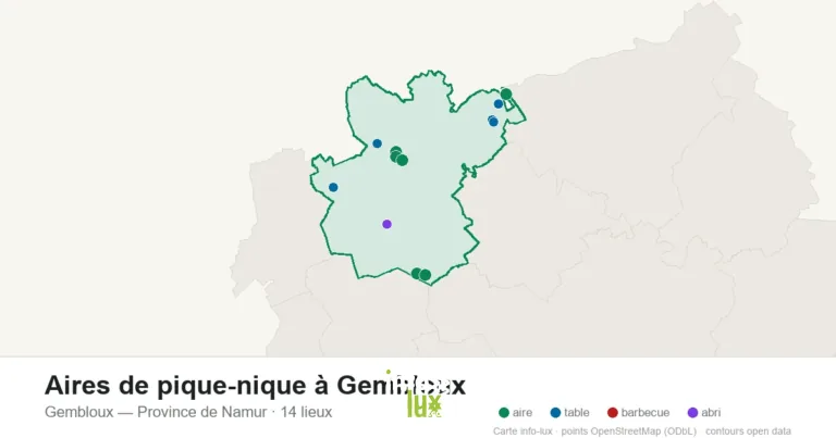 Aires de pique-nique à Gembloux : les 14 tables, aires et barbecues sur la carte (2026)