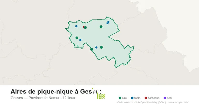 Aires de pique-nique à Gesves : les 12 tables, aires et barbecues sur la carte (2026)