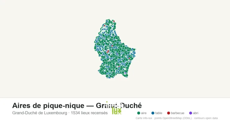 Carte des 1534 aires de pique-nique — Grand-Duché de Luxembourg