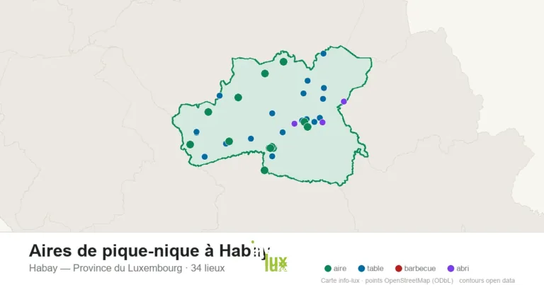 Carte des 34 aires de pique-nique de Habay