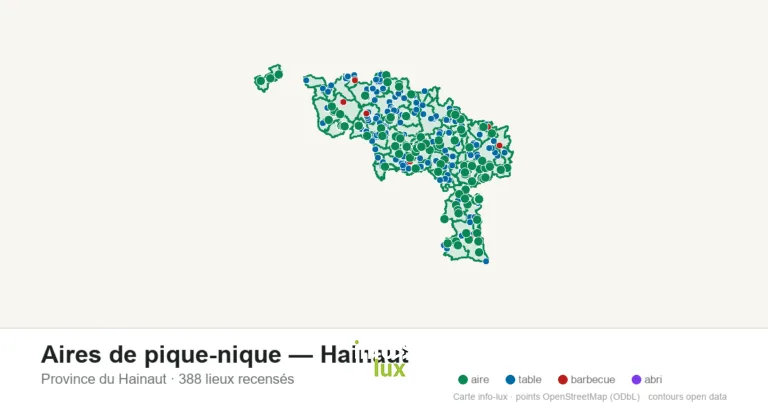 Carte des 388 aires de pique-nique — province de Hainaut
