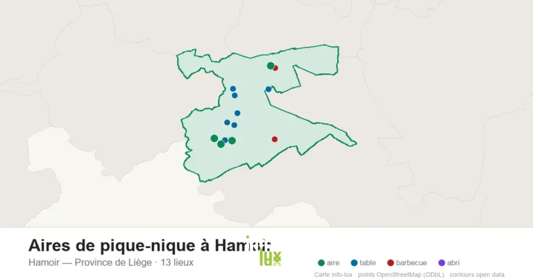Carte des 13 aires de pique-nique de Hamoir