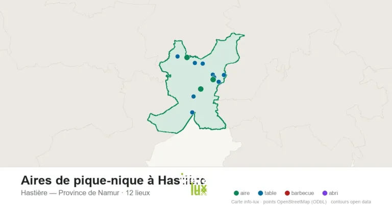 Carte des 12 aires de pique-nique de Hastière
