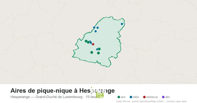 Carte des 15 aires de pique-nique de Hesperange